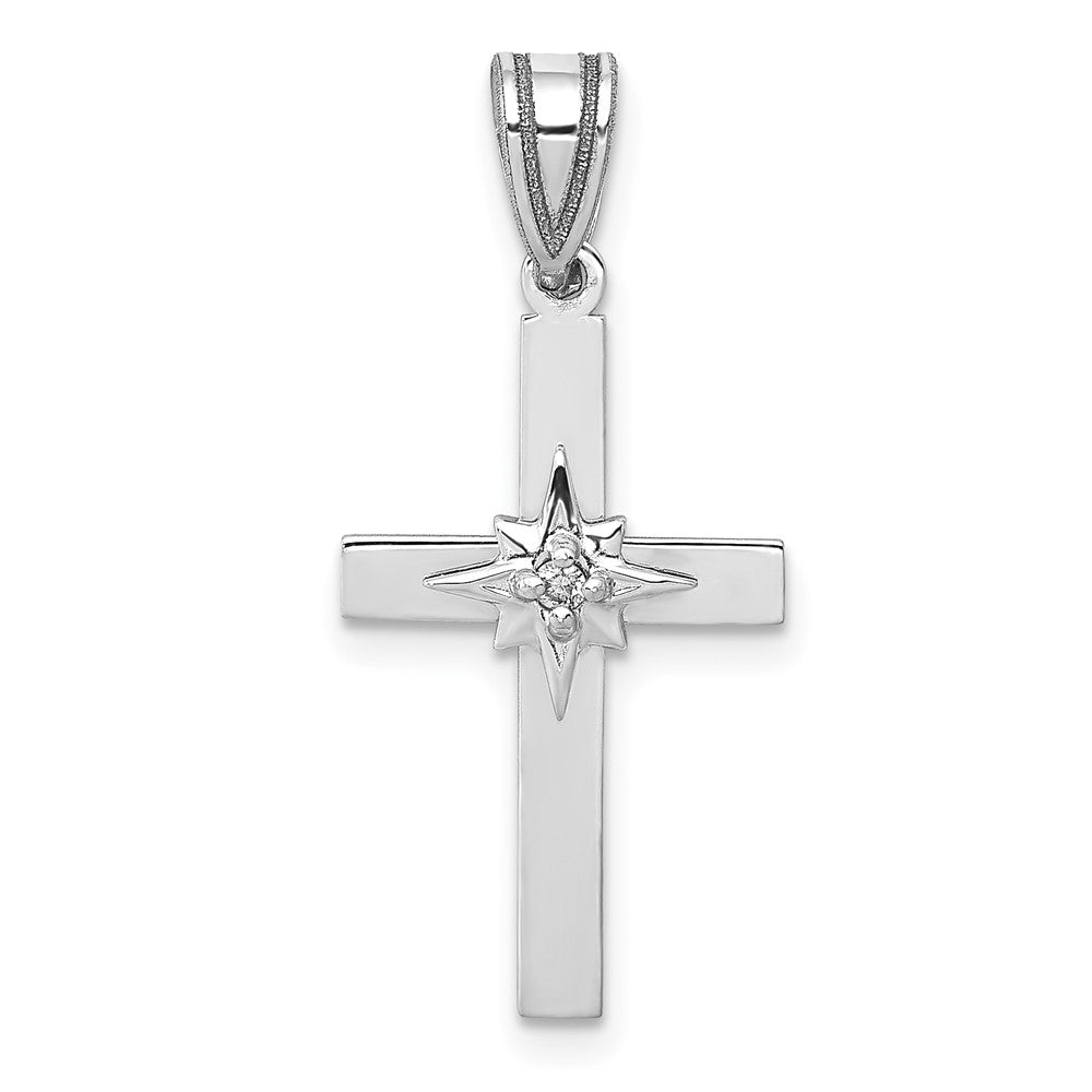 14k White Gold Diamond Star Cross Pendant, 0.01 ct, 27.5 x 12.5 mm