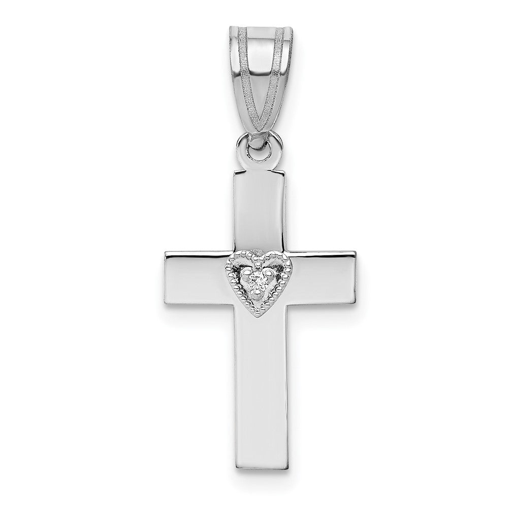 14k White Gold Diamond Heart Cross Pendant, 0.01 ct, 25.5 x 11 mm