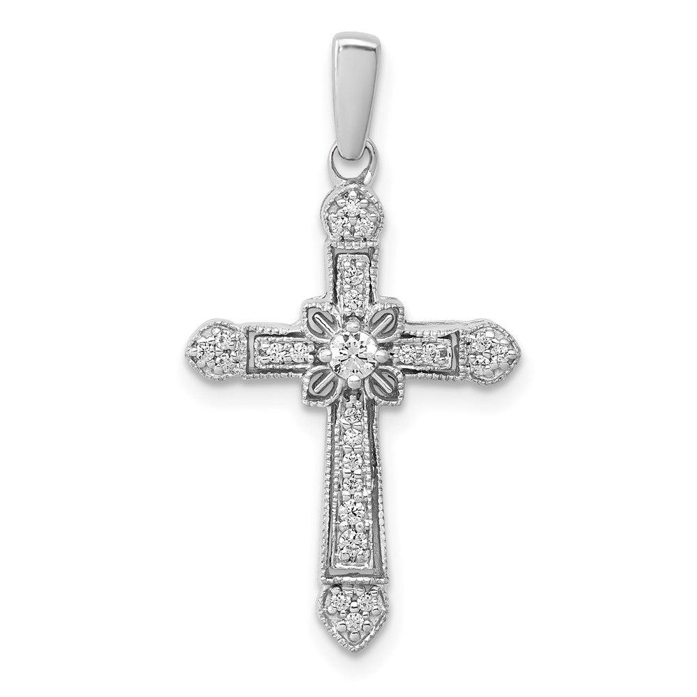 14k White Gold 1/6 carat Diamond Filigree Cross Pendant, 0.155 ct, 28 x 15.5 mm