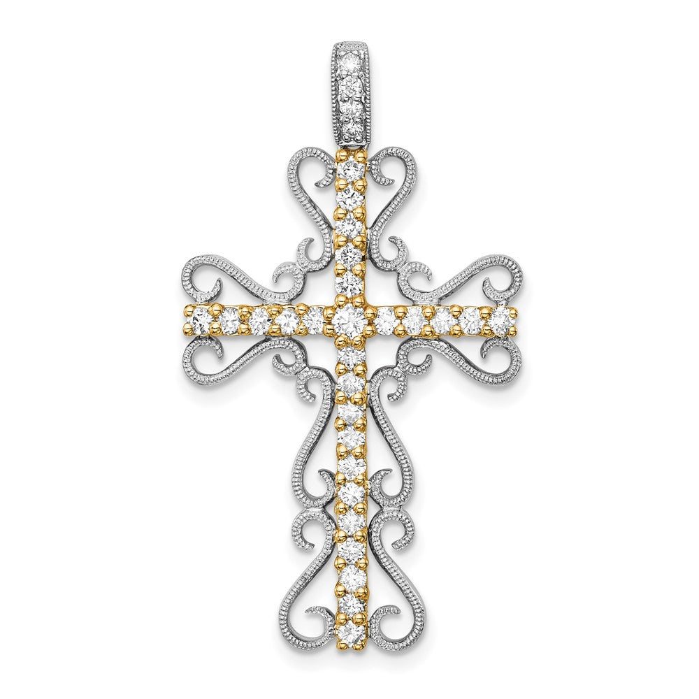 14k Two-tone 5/8 carat Diamond Filigree Cross Pendant, 0.62 ct, 38 x 21 mm