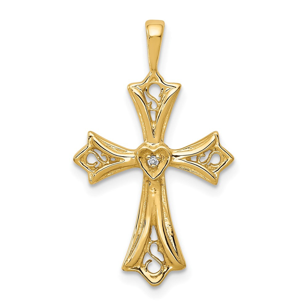 14k AA Diamond Cross with Heart Center Pendant, 0.004 ct, 26.5 x 16 mm