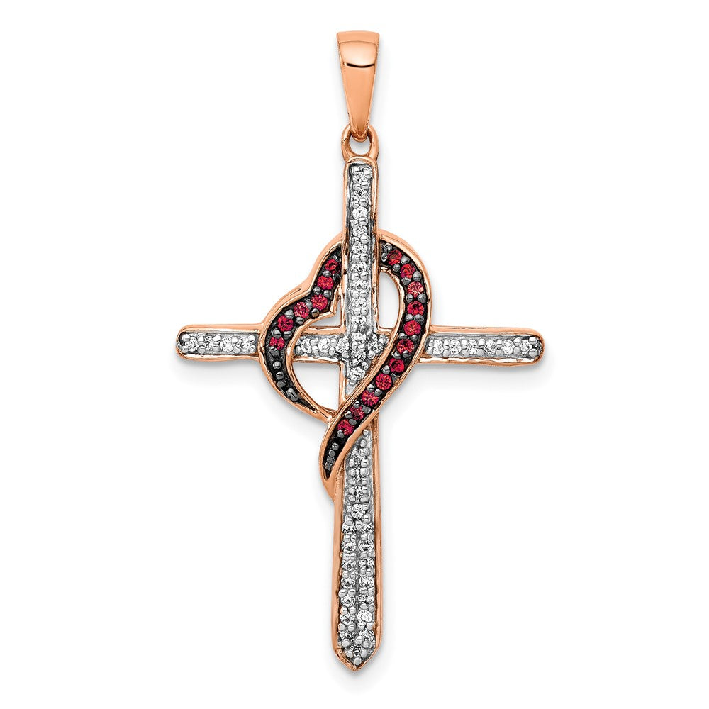 14k Rose Gold Red and White 1/4 carat Diamond Cross with Heart Pendant, 0.203 ct, 36 x 20.5 mm