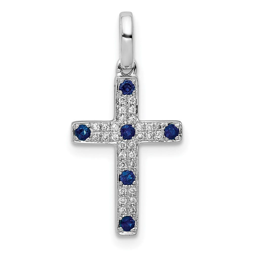 14k White Gold 1/15 carat Diamond and Sapphire Cross Pendant, 0.27 ct, 22 x 11 mm