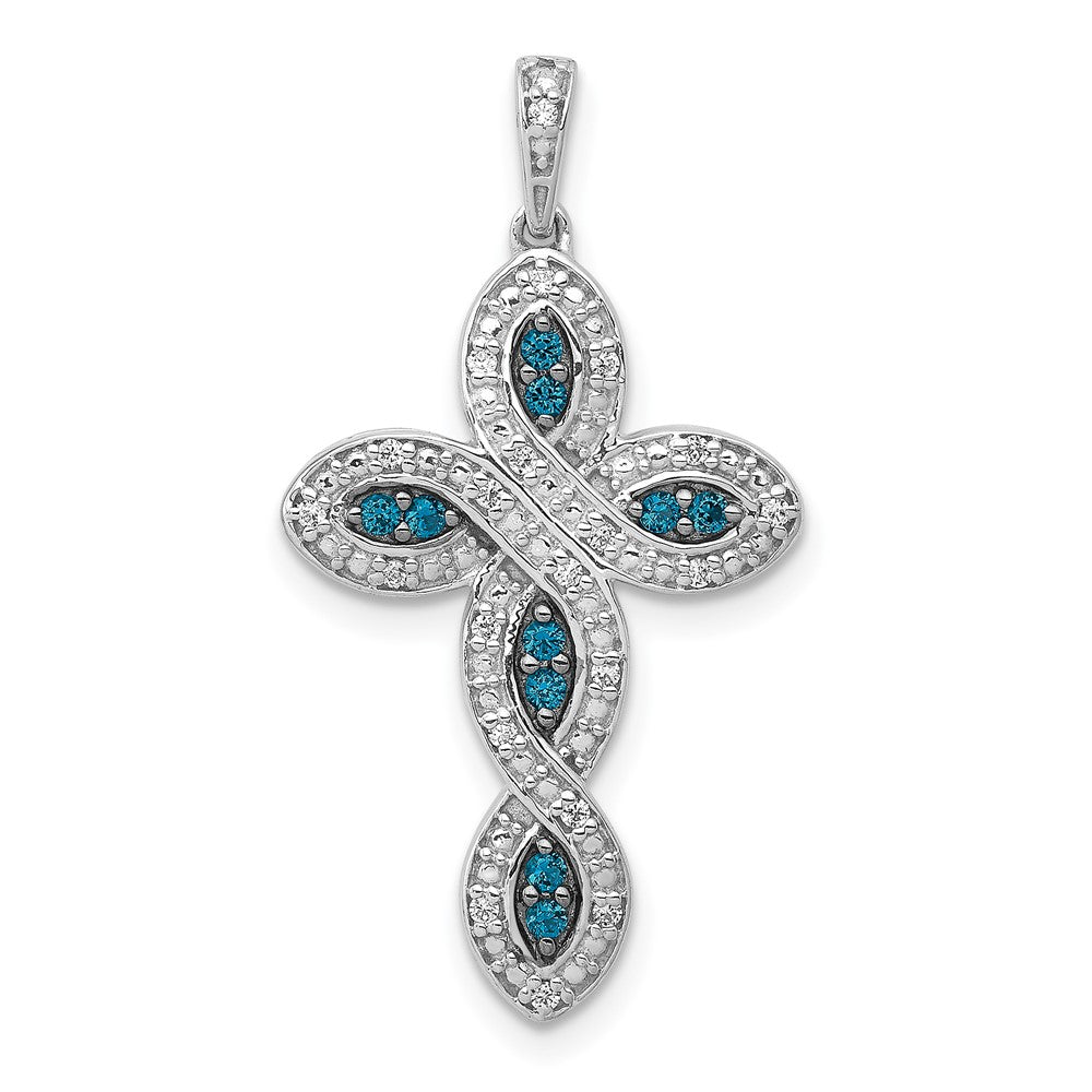 14k White Gold 1/5 carat White and Blue Diamond Cross Pendant, 0.194 ct, 30 x 16 mm