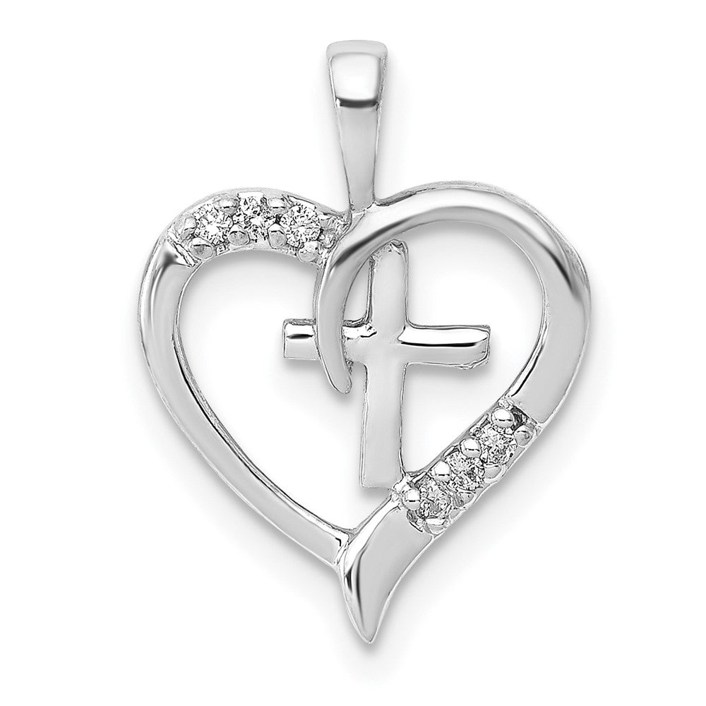 14k White Gold 1/20 carat AA Diamond Heart Cross Pendant, 0.042 ct, 17 x 17 mm