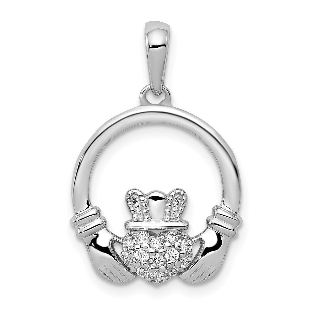 14k White Gold Diamond Claddagh Circle Pendant, 0.12 ct, 24.2 x 15.3 mm