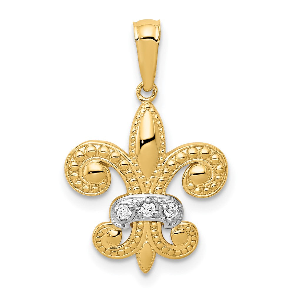 14k and White Rhodium Polished Diamond Fleur de Lis Pendant, 0.03 ct