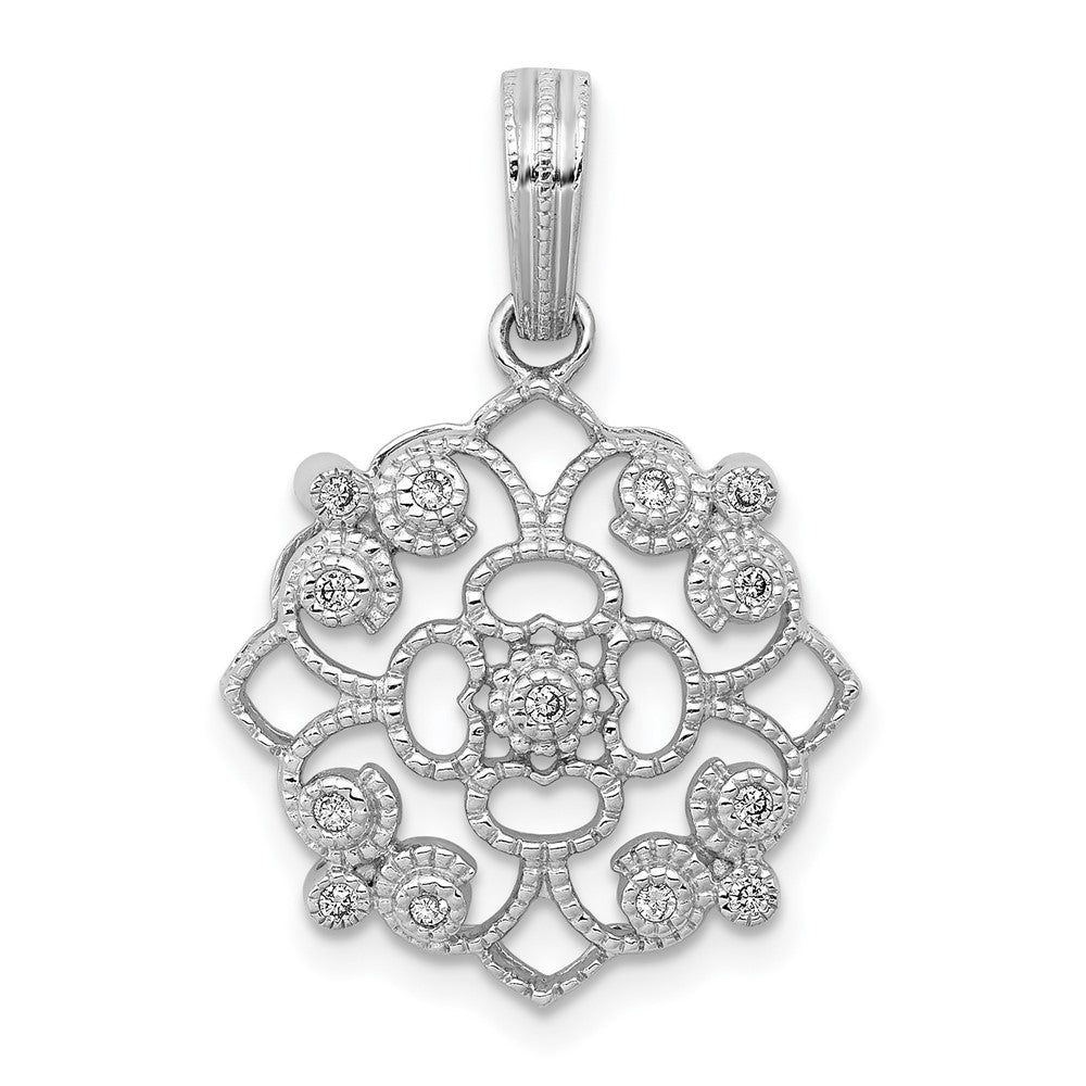 14k White Gold 1/15 carat Diamond Vintage Filigree Pendant, 0.078 ct