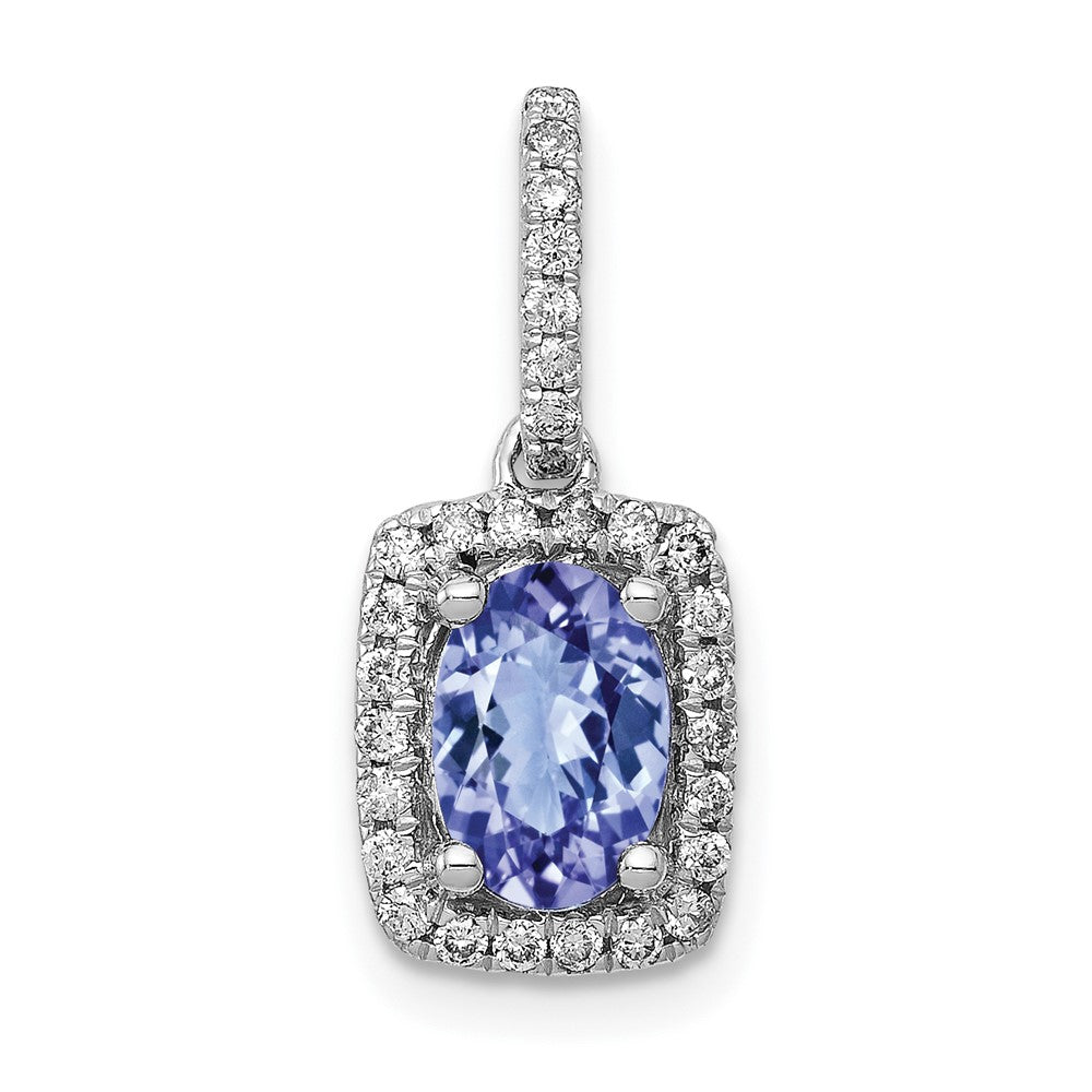 14k White Gold .94 Oval Tanzanite and Diamond Rectangle Halo Pendant, 1.18 ct