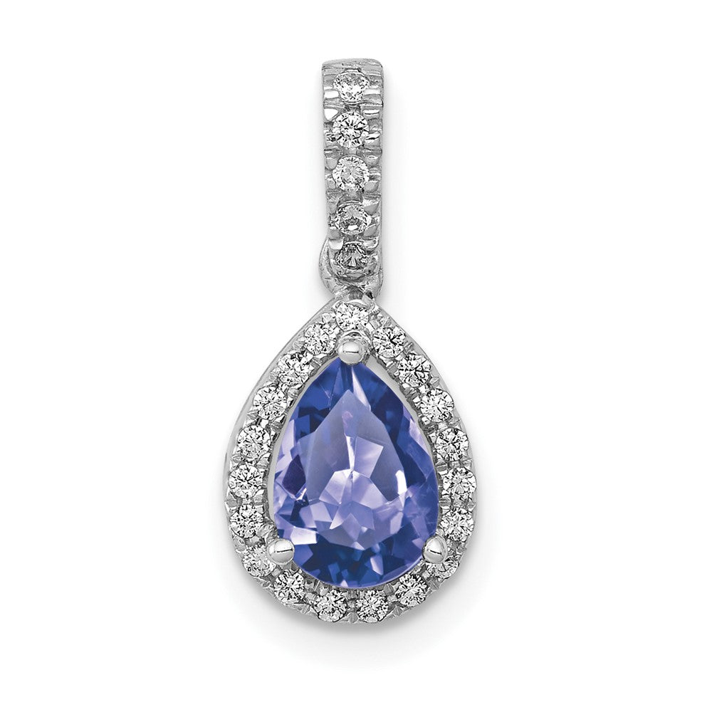 14k White Gold .75 Pear Tanzanite and Diamond Halo Pendant, 0.88 ct, 17 x 7.7 mm