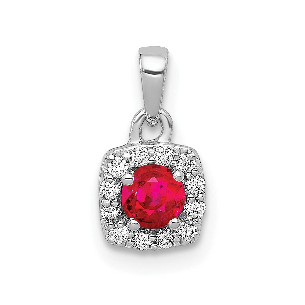 14k White Gold Diamond and .20 Ruby Square Halo Pendant, 0.296 ct
