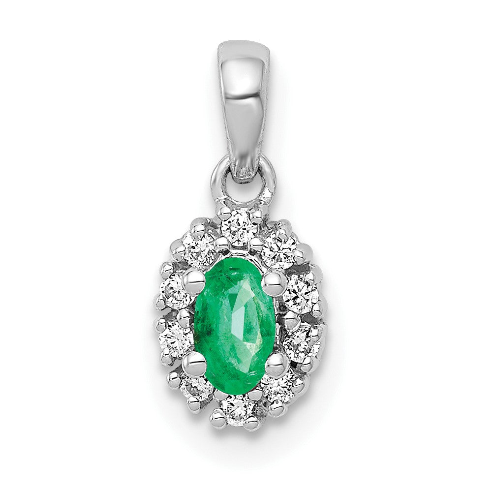 14k White Gold Diamond and Oval Emerald Halo Pendant, 0.42 ct