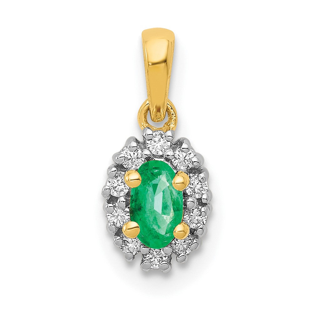 14k with White Rhodium Diamond and Oval Emerald Halo Pendant, 0.42 ct