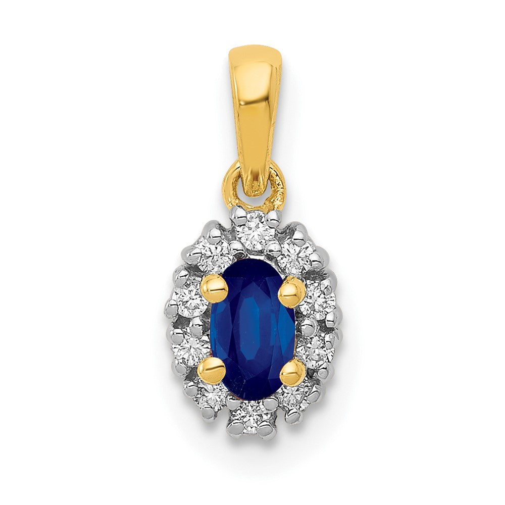 14k with White Rhodium Diamond and .32 Sapphire Oval Halo Pendant, 0.42 ct