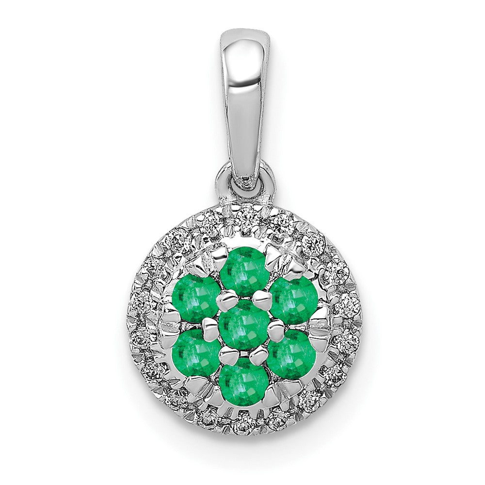 14k White Gold Diamond and Emerald Cluster Halo Pendant, 0.37 ct
