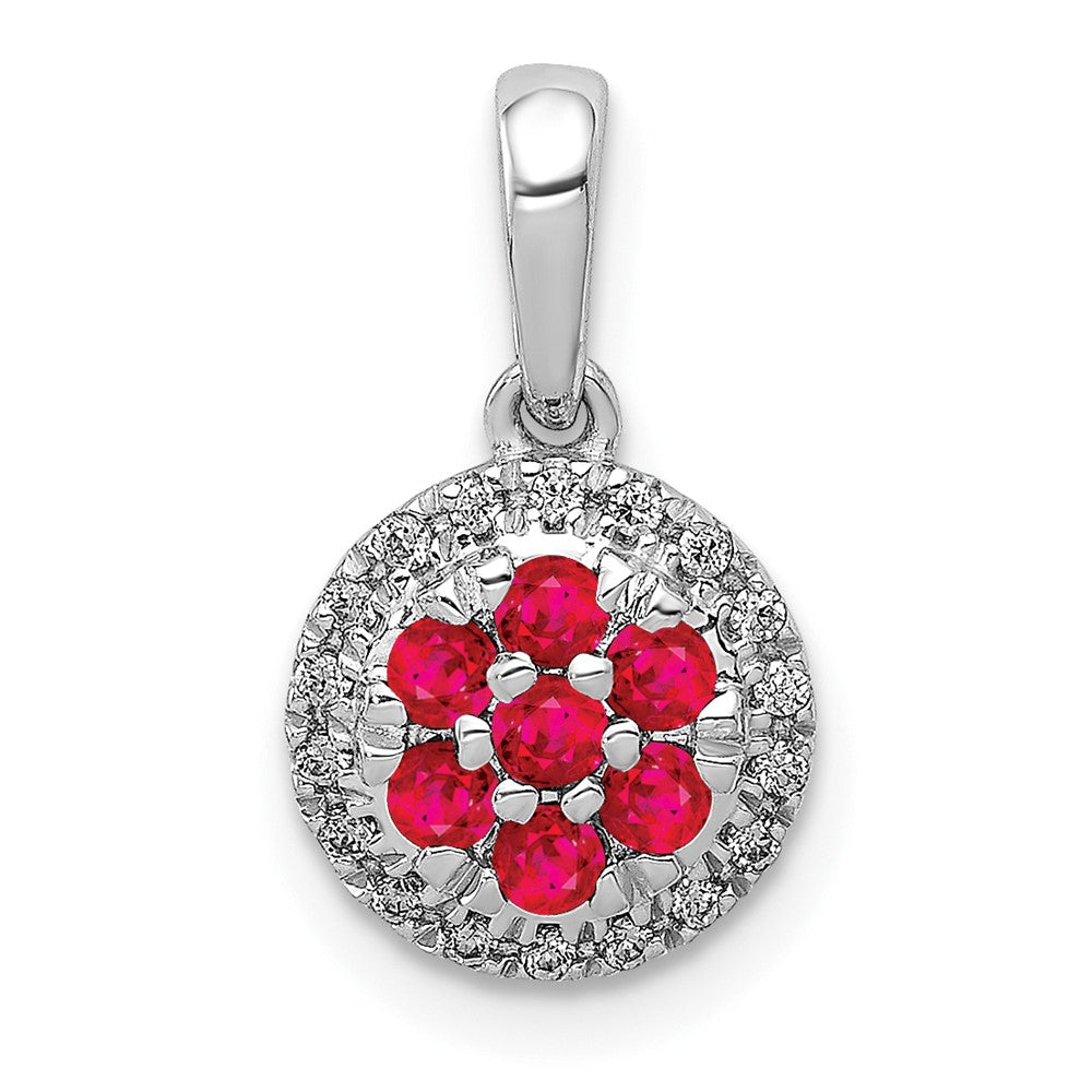 14k White Gold Diamond and .28 Ruby Cluster Halo Pendant, 0.37 ct