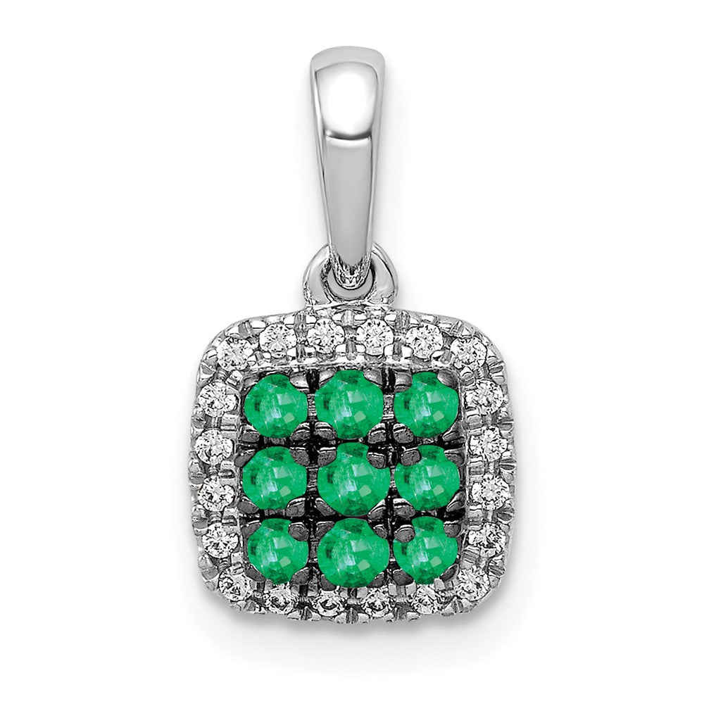 14k White Gold with Black Rhodium Diamond and .19 Emerald Cluster Square Halo Pendant, 0.289 ct