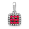 14k White Gold with Black Rhodium Diamond and .23 Ruby Cluster Square Halo Pendant, 0.334 ct