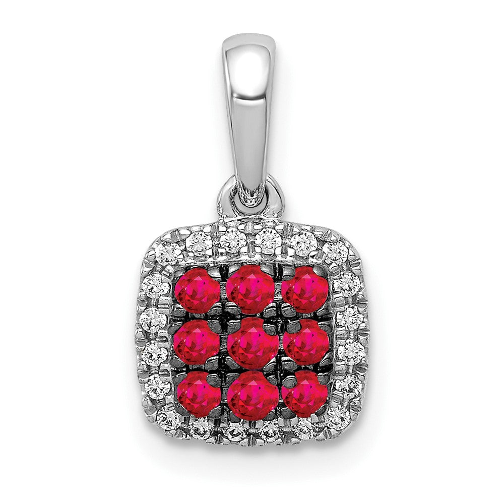 14k White Gold with Black Rhodium Diamond and .23 Ruby Cluster Square Halo Pendant, 0.334 ct
