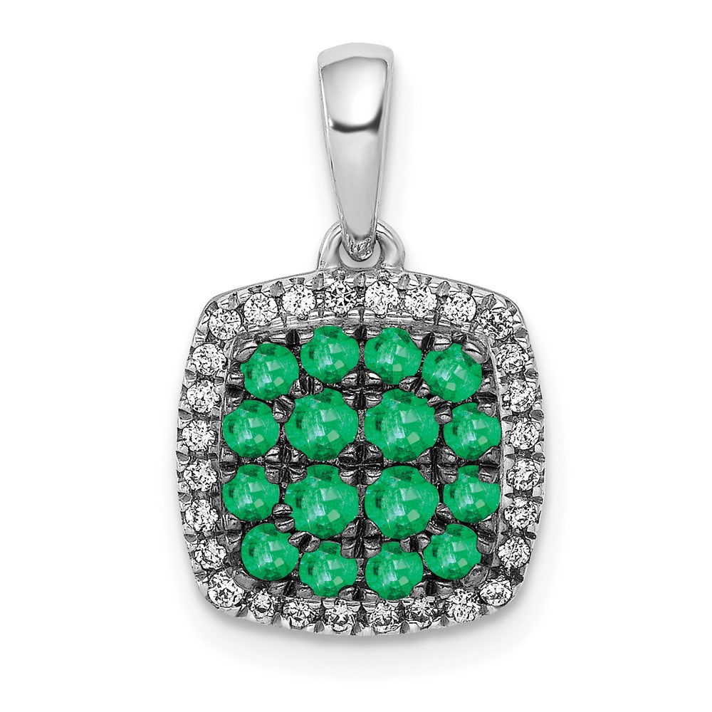 14k White Gold with Black Rhodium Diamond and .50 Emerald Cluster Square Halo Pendant, 0.64 ct