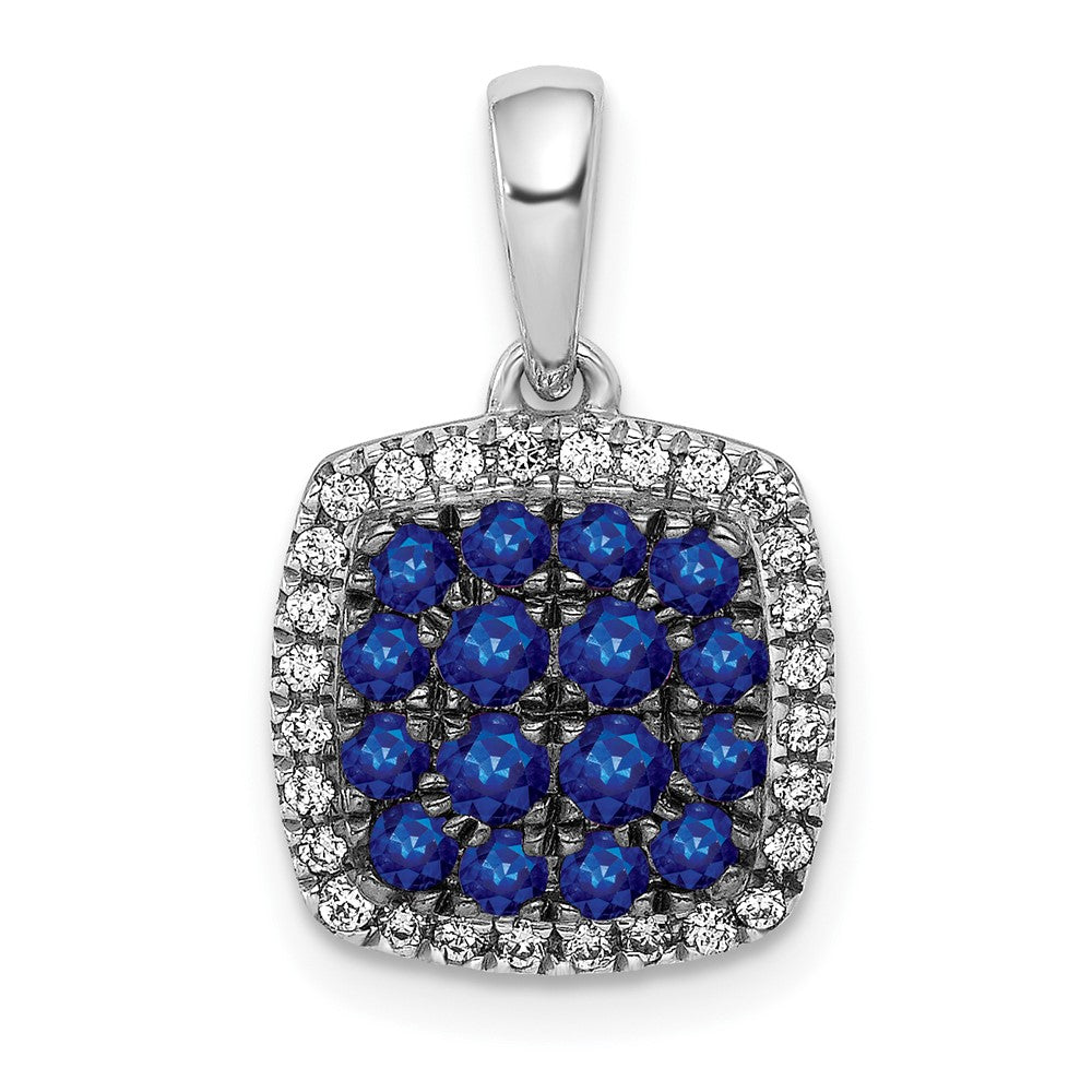 14k White Gold with Black Rhodium Diamond and Sapphire Cluster Square Halo Pendant, 1.088 ct