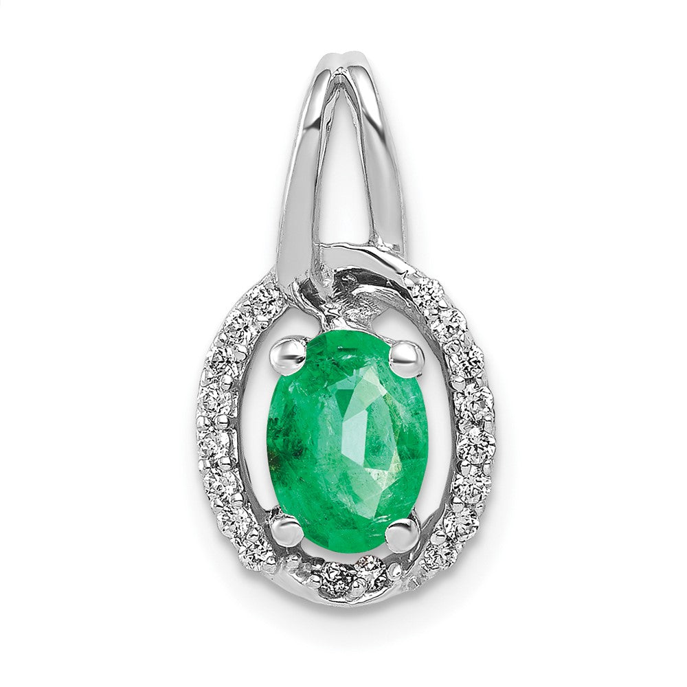 14k White Gold Diamond and Oval Emerald Halo Pendant, 0.817 ct