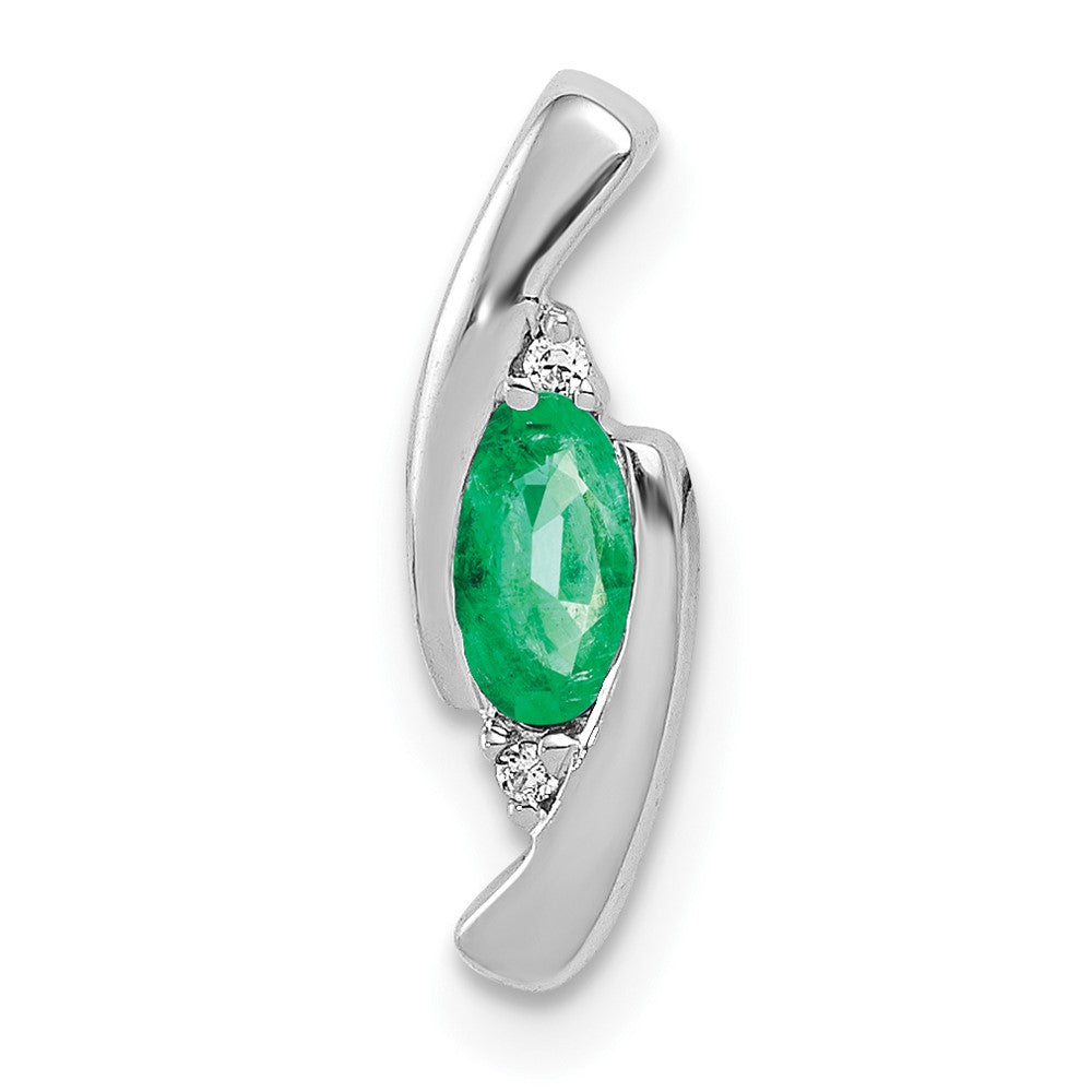 14k White Gold Diamond and Oval Emerald Fancy Chain Slide, 0.26 ct, 15 x 5 mm