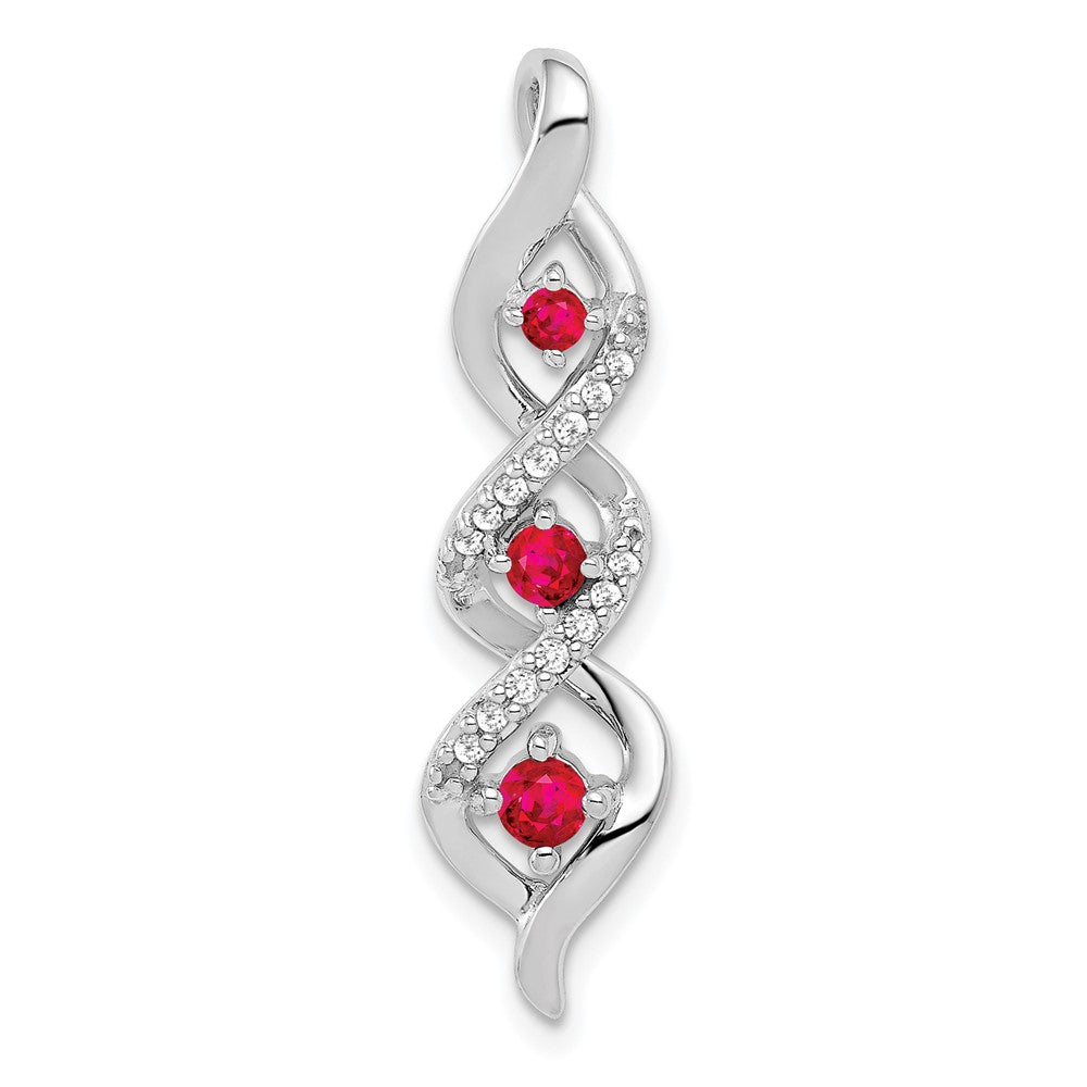 14k White Gold Diamond and .25 Ruby Twisted 3-stone Chain Slide, 0.321 ct, 30.4 x 7.8 mm