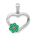 14k White Gold Diamond and Emerald Flower and Heart Pendant, 0.158 ct, 19.6 x 15 mm