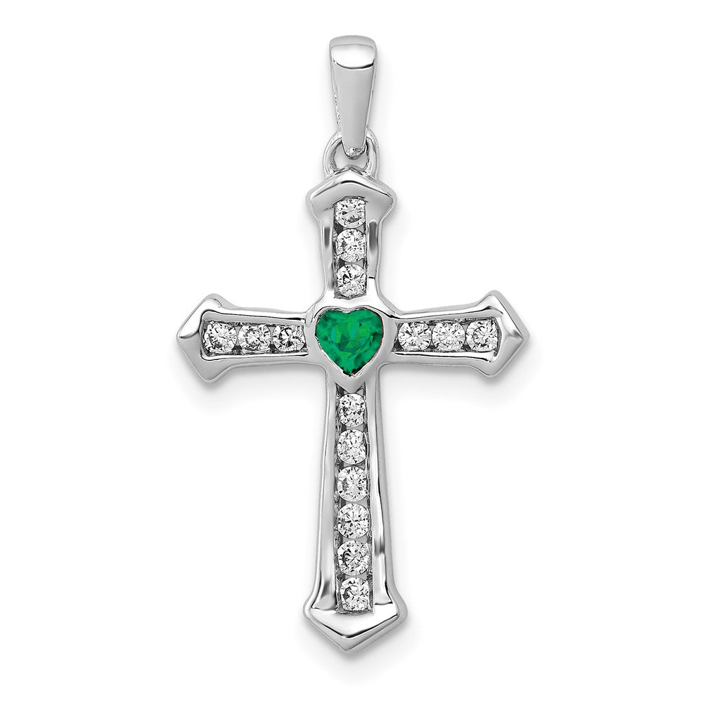 14k White Gold 1/5 carat Lab Grown Diamond VS/SI+ G+ and Lab Created Emerald Complete Cross Pendant, 0.331 ct, 25.9 x 14.45 mm