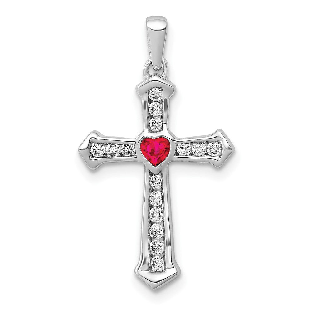 14k White Gold Ruby and Diamond Heart Cross Pendant, 0.331 ct, 26 x 15 mm