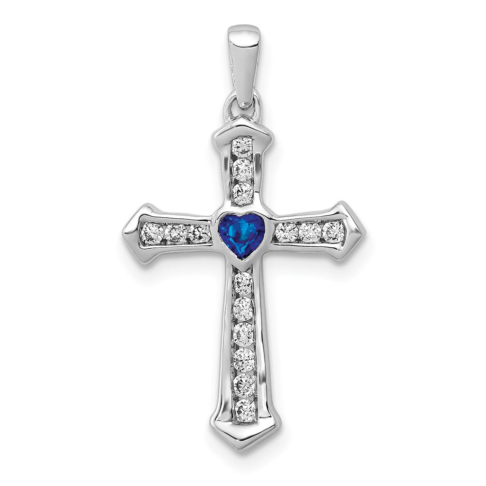 14k White Gold 1/5 carat Lab Grown Diamond VS/SI+ G+ and Lab Created Blue Sapphire Complete Cross Pendant, 0.331 ct, 25.9 x 14.45 mm