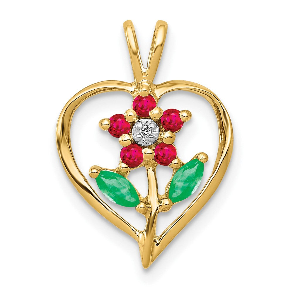 14k Siam Ruby/Emerald/Diamond Flower in Heart Pendant, 0.318 ct, 18 x 12 mm