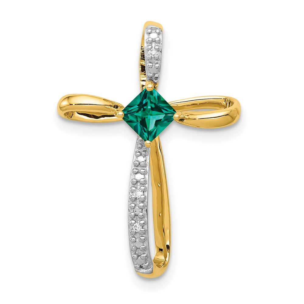 14k and White Rhodium 4mm Square Lab Created Emerald and Diamond Cross Omega Slide, 0.469 ct, 24.3 x 17.3 mm