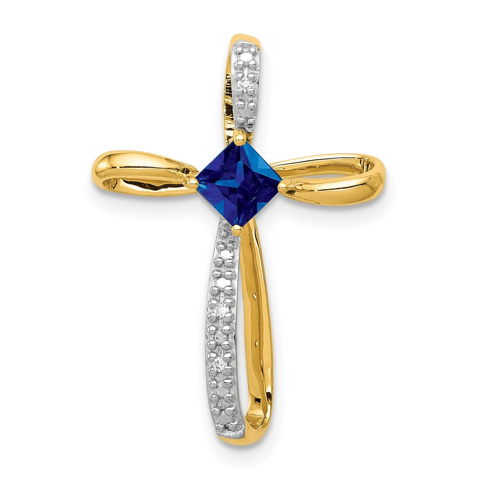 14k and White Rhodium 4mm Square Lab Created Sapphire and Diamond Cross Omega Slide, 0.469 ct, 24.3 x 17.3 mm