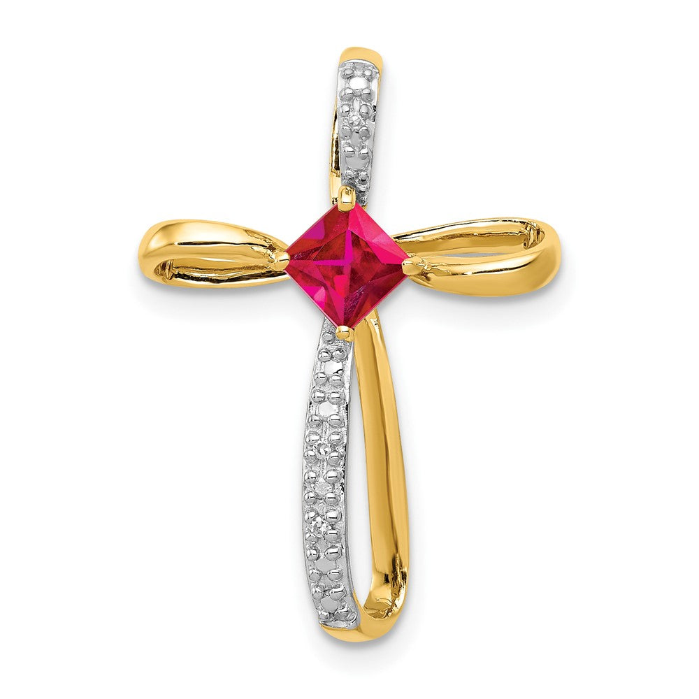 14k and White Rhodium 4mm Square Lab Created Ruby and Diamond Cross Omega Slide, 0.469 ct, 24.3 x 17.3 mm