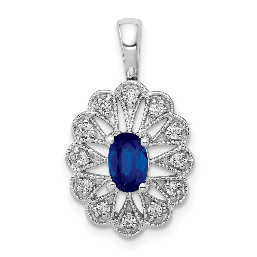 14k White Gold 1/6 carat Diamond and .57 Sapphire Fancy Pendant, 0.732 ct, 22.4 x 12.95 mm