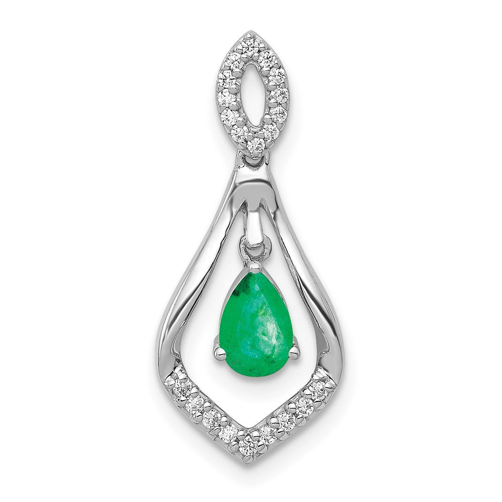 14k White Gold Diamond and Pear Emerald Teardrop Dangle Pendant, 0.534 ct, 23.35 x 10.15 mm