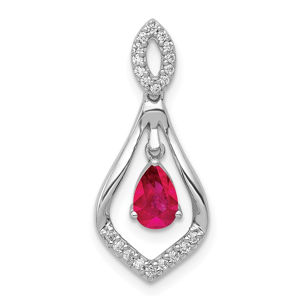 14k White Gold Diamond and 6x4mm Pear Ruby Teardrop Dangle Pendant, 0.534 ct, 23.35 x 10.15 mm