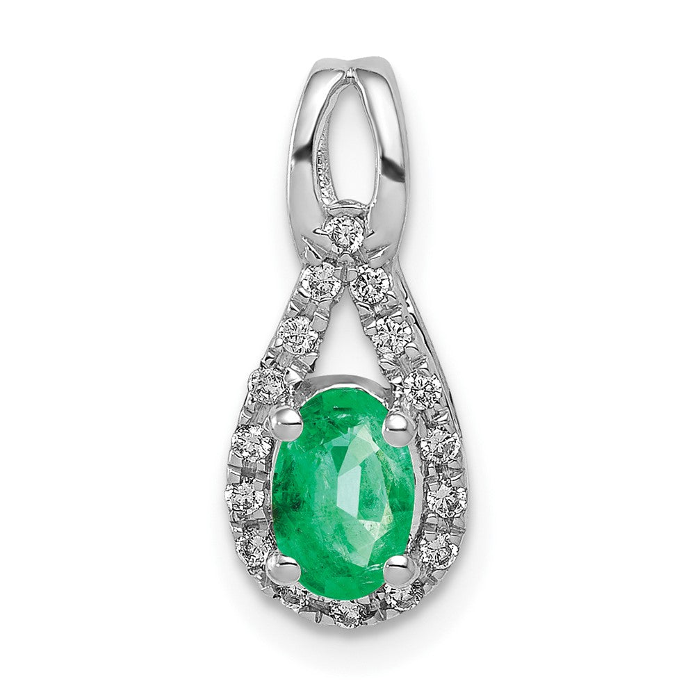 14k White Gold Diamond and Oval Emerald Teardrop Halo Pendant, 0.596 ct, 17 x 7 mm