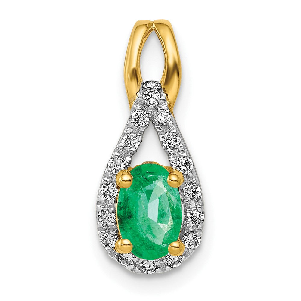 14k Diamond and Oval Emerald Teardrop Halo Pendant, 0.596 ct, 17 x 7 mm