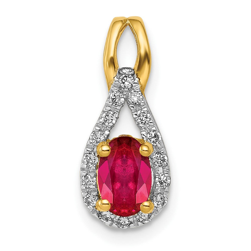 14k Diamond and .50 Oval Ruby Teardrop Halo Pendant, 0.596 ct, 17 x 7 mm