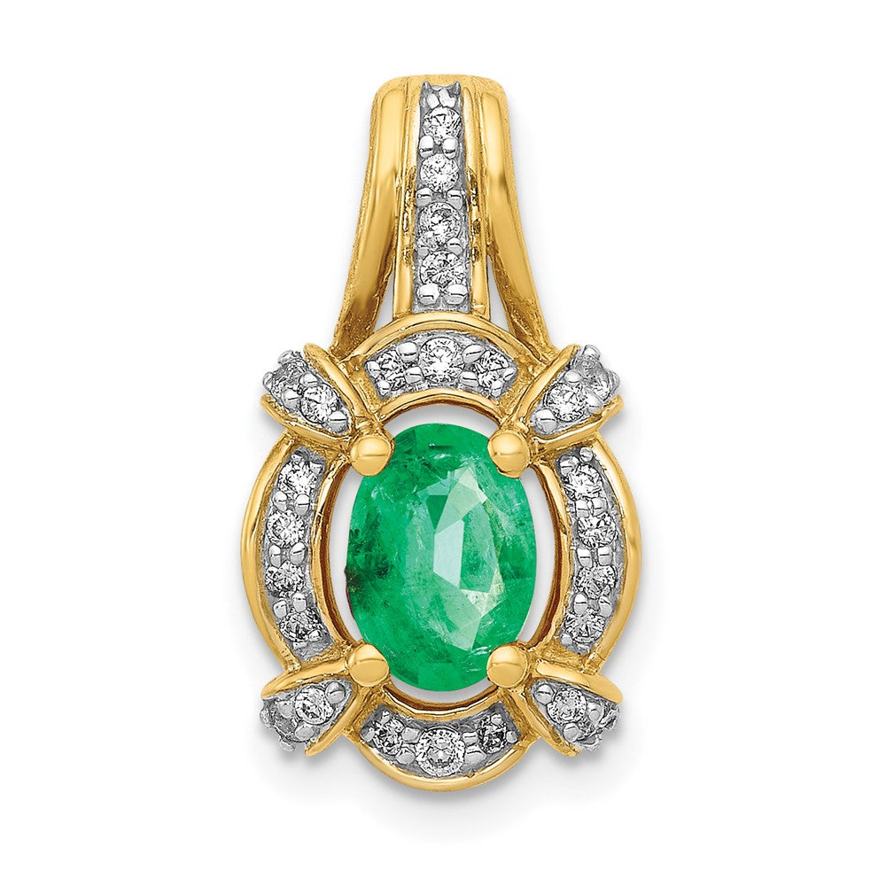 14k Diamond and Oval Emerald Fancy Vintage Pendant, 1.081 ct, 19.5 x 10.5 mm
