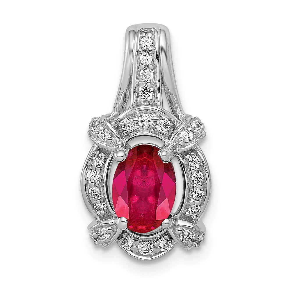 14k White Gold Polished Diamond and 7x5mm Oval Ruby Vintage Pendant, 1.101 ct, 19.5 x 10.5 mm