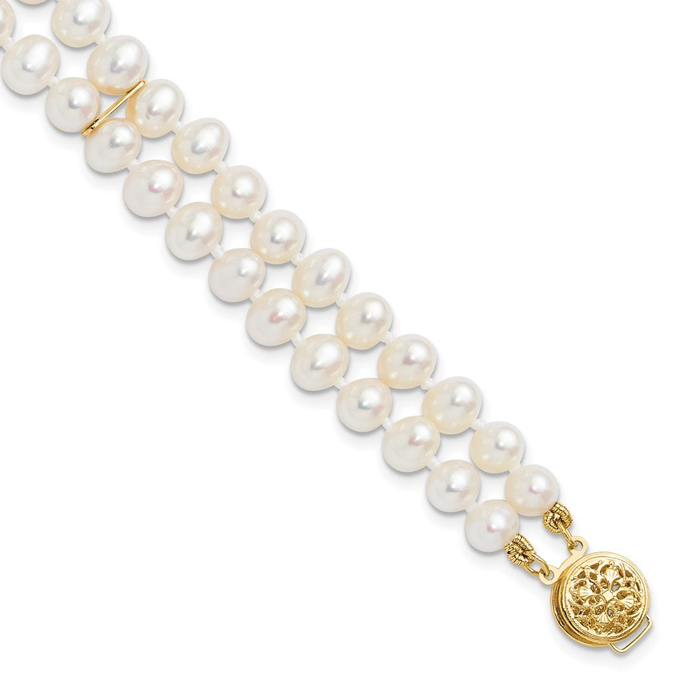 14k 5-6mm White Near-Round Freshwater Cultured Pearl 2-Strand 7.5 inch Bracelet, 7.5 mm