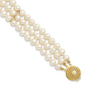 14k 5-6mm White Near-Round Freshwater Cultured Pearl 3-Strand 7.5 inch Bracelet, 7.5 mm