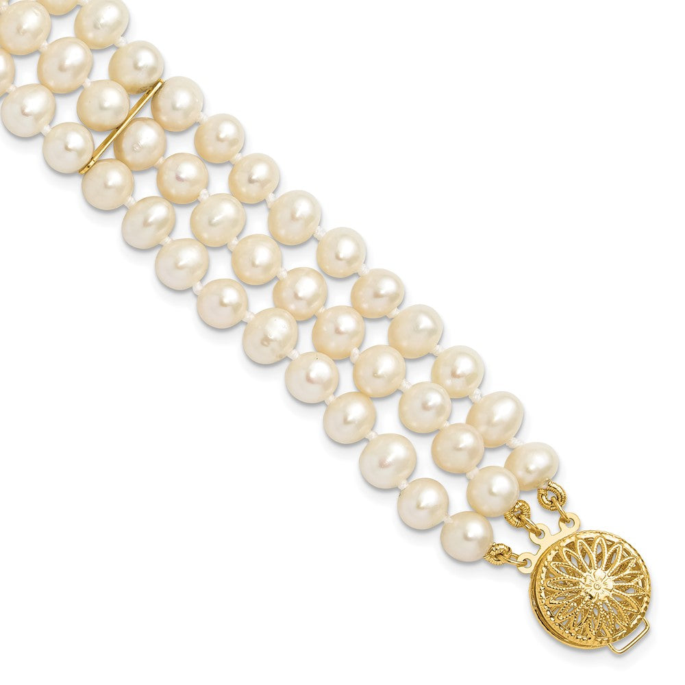 14k 5-6mm White Near-Round Freshwater Cultured Pearl 3-Strand 7.5 inch Bracelet, 7.5 mm