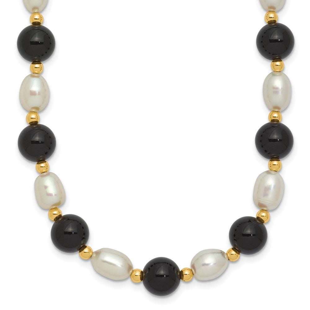 14k 6-7mm White Rice Freshwater Cultured Pearl and Onyx Beads 17 inch Necklace, 17 mm