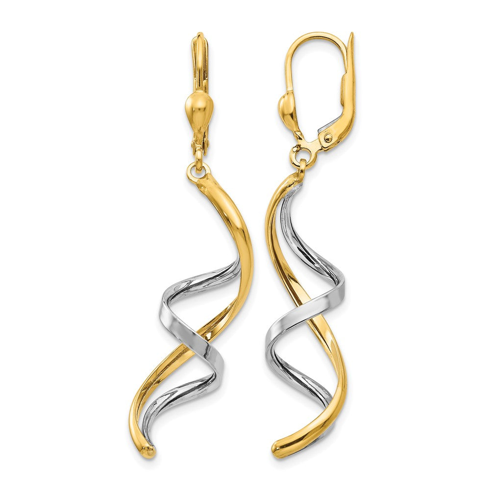 14K Two-tone Spiral Dangle Leverback Earrings, 45 x 10 mm
