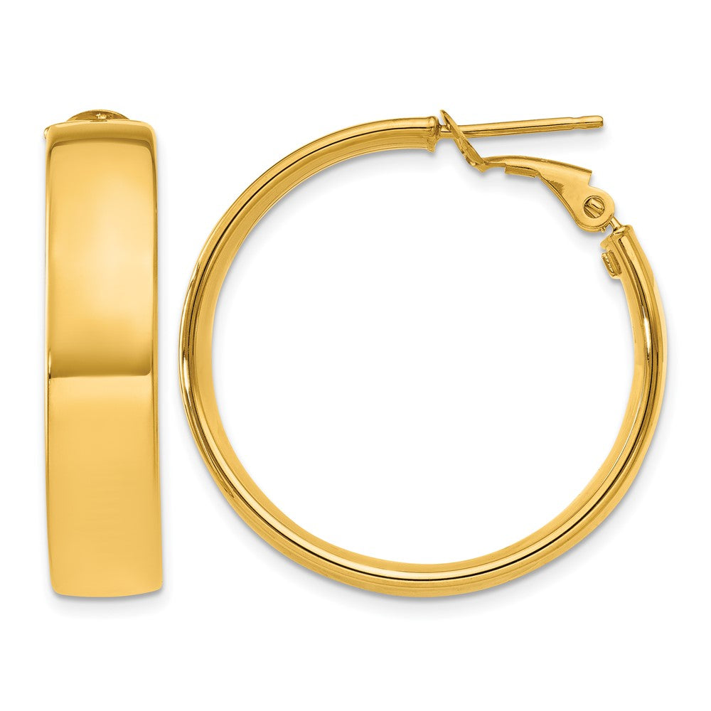 14k 7x30mm Polished Flat Tube Omega Back Hoop Earrings, 30 x 6.75 mm